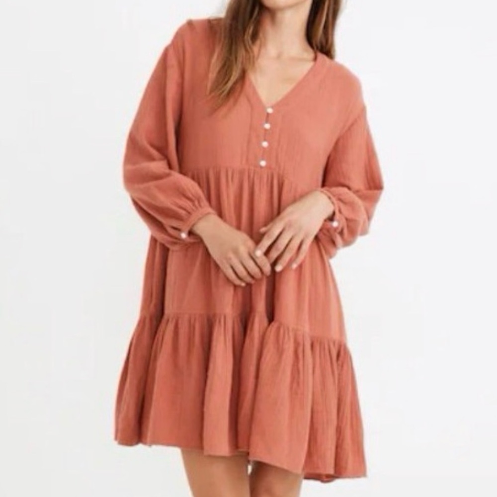 Madewell Colette Shift Dress Long Sleeves Double Gauze Pockets 6 Boho Western